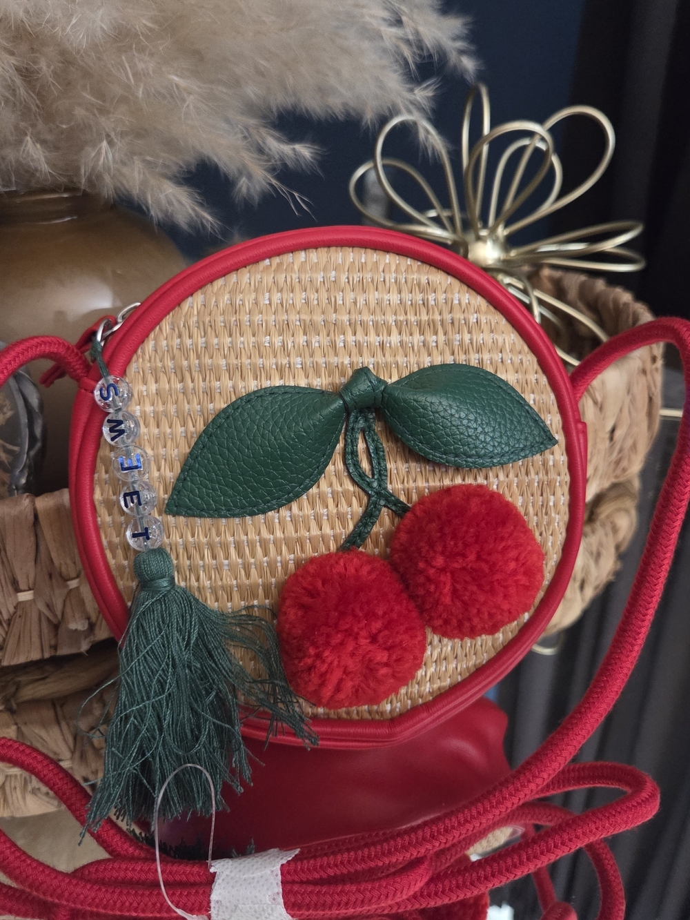 Women’s Cherry Mini Crossbody Bag Round Woven Novelty Purse Red